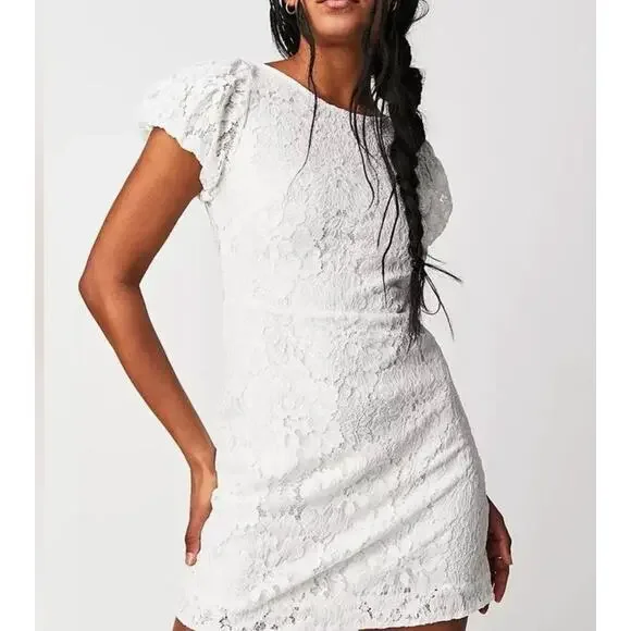 Free People Hailee Lace, Puffed Sleeve Mini Dress | Sz S, White New $168 - Picture 11 of 12